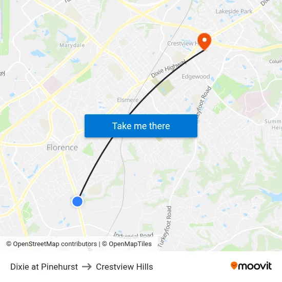Dixie at Pinehurst to Crestview Hills map