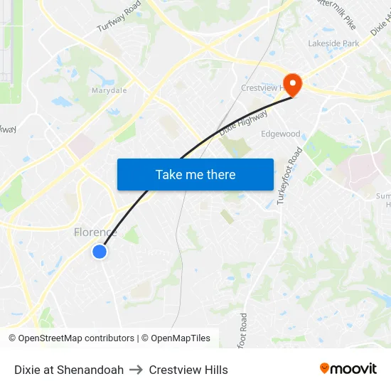 Dixie at Shenandoah to Crestview Hills map