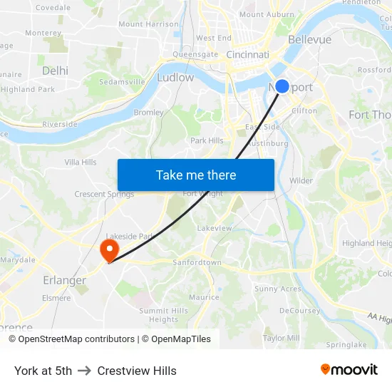 York at 5th to Crestview Hills map