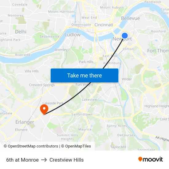 6th at Monroe to Crestview Hills map