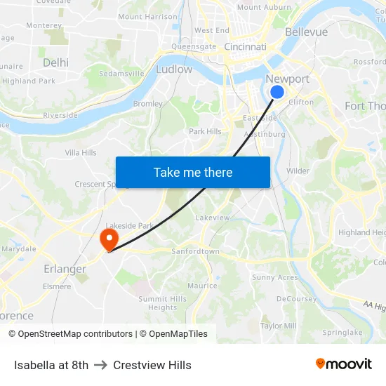 Isabella at 8th to Crestview Hills map