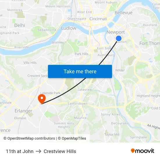 11th at John to Crestview Hills map