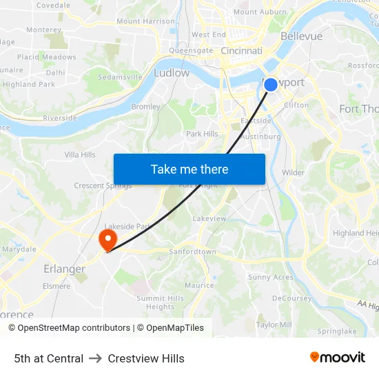5th at Central to Crestview Hills map