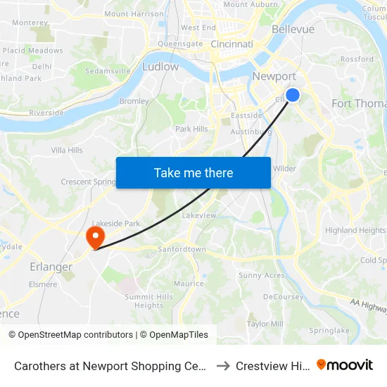 Carothers at Newport Shopping Center to Crestview Hills map