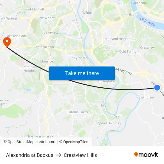 Alexandria at Backus to Crestview Hills map
