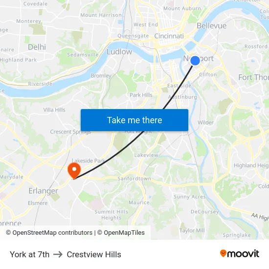 York at 7th to Crestview Hills map