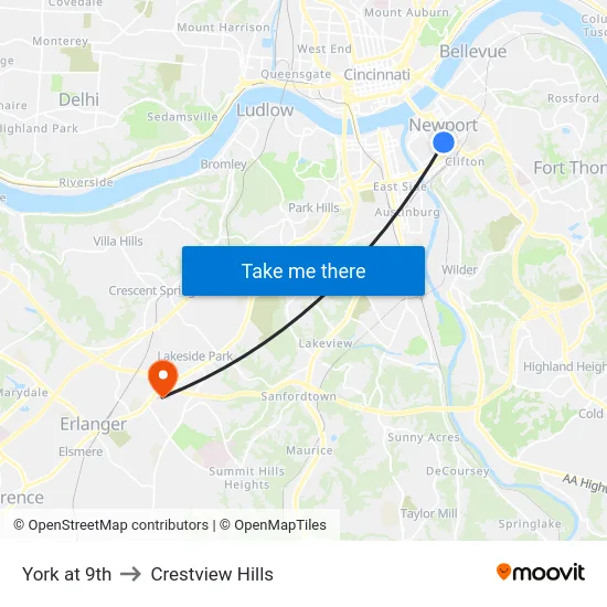 York at 9th to Crestview Hills map