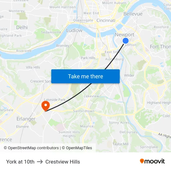 York at 10th to Crestview Hills map