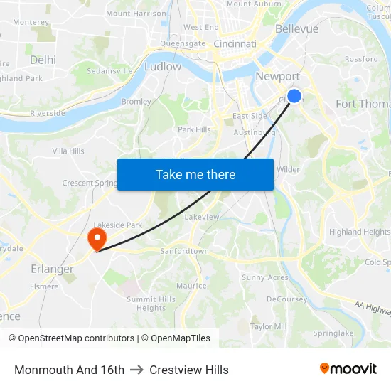 Monmouth And 16th to Crestview Hills map