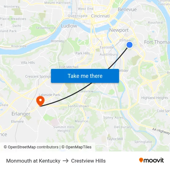 Monmouth at Kentucky to Crestview Hills map