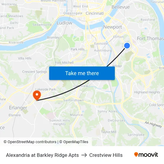 Alexandria at Barkley Ridge Apts to Crestview Hills map