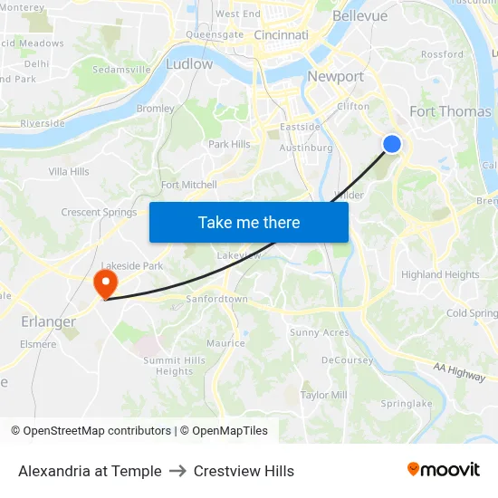 Alexandria at Temple to Crestview Hills map