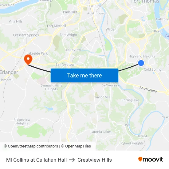 Ml Collins at Callahan Hall to Crestview Hills map