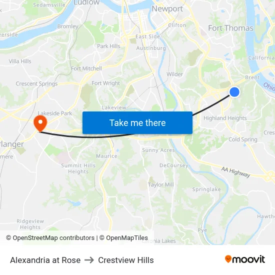 Alexandria at Rose to Crestview Hills map