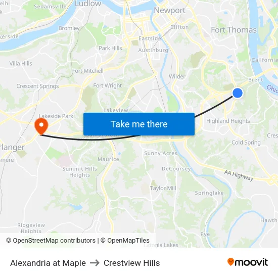 Alexandria at Maple to Crestview Hills map