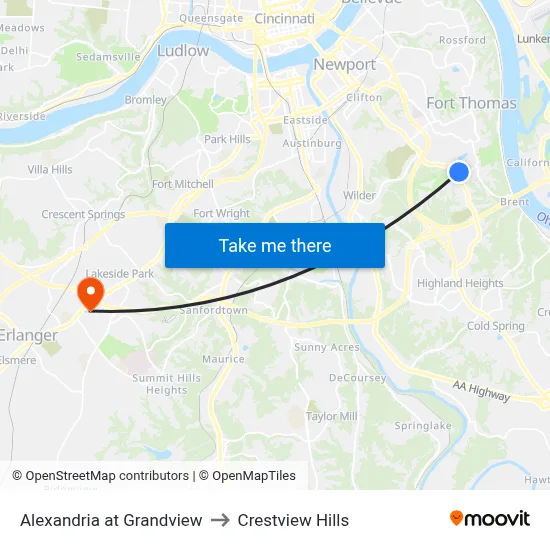 Alexandria at Grandview to Crestview Hills map