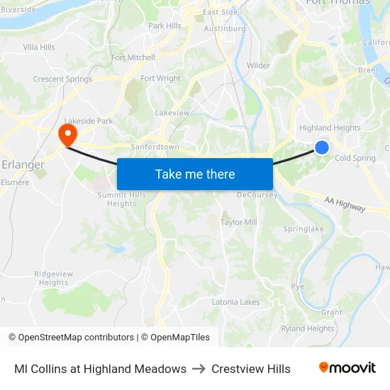 Ml Collins at Highland Meadows to Crestview Hills map