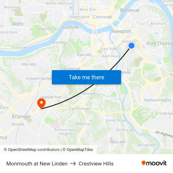Monmouth at New Linden to Crestview Hills map