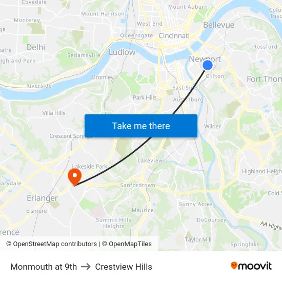 Monmouth at 9th to Crestview Hills map
