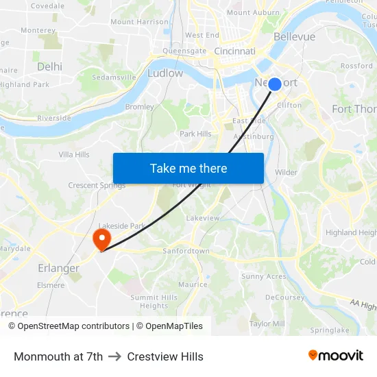 Monmouth at 7th to Crestview Hills map