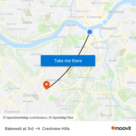 Bakewell at 3rd to Crestview Hills map