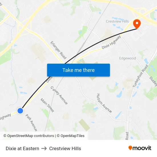 Dixie at Eastern to Crestview Hills map