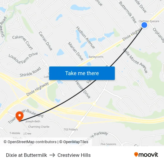 Dixie at Buttermilk to Crestview Hills map
