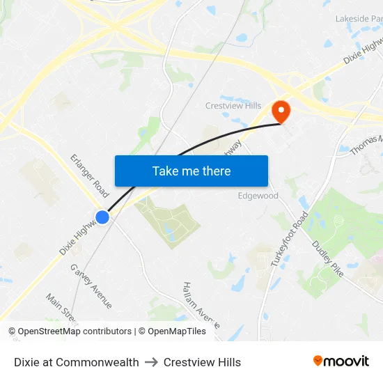 Dixie at Commonwealth to Crestview Hills map
