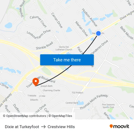 Dixie at Turkeyfoot to Crestview Hills map