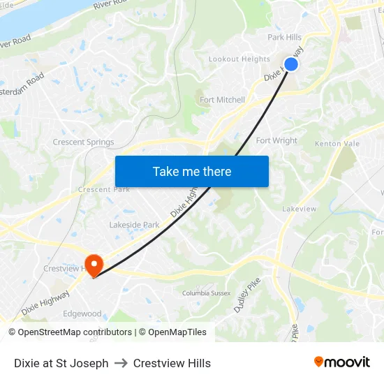 Dixie at St Joseph to Crestview Hills map