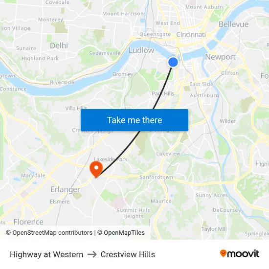 Highway at Western to Crestview Hills map