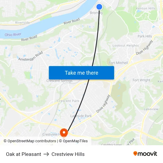 Oak at Pleasant to Crestview Hills map