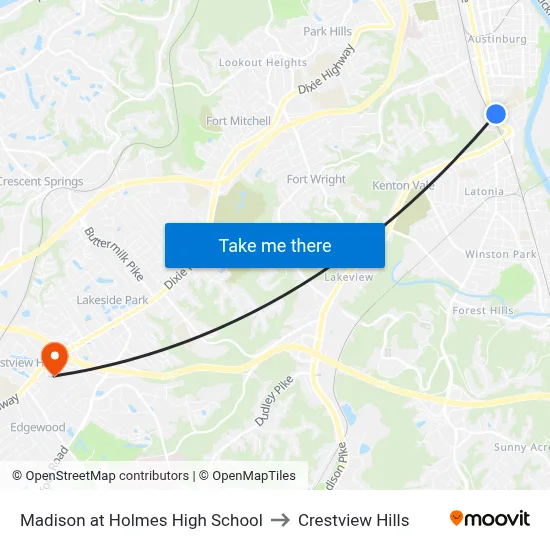 Madison at Holmes High School to Crestview Hills map