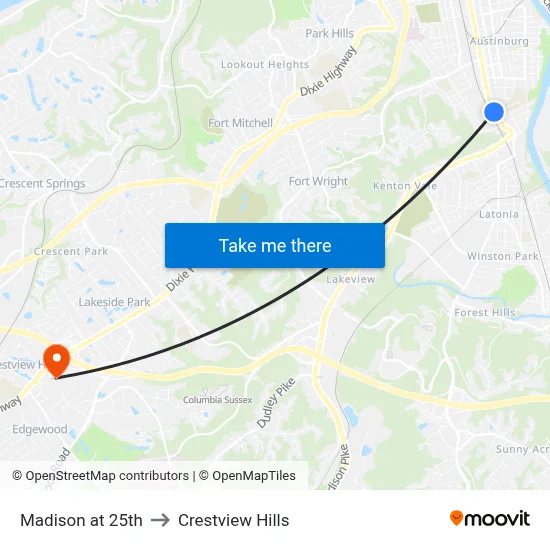 Madison at 25th to Crestview Hills map