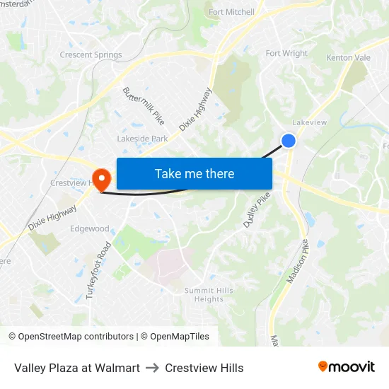 Valley Plaza at Walmart to Crestview Hills map