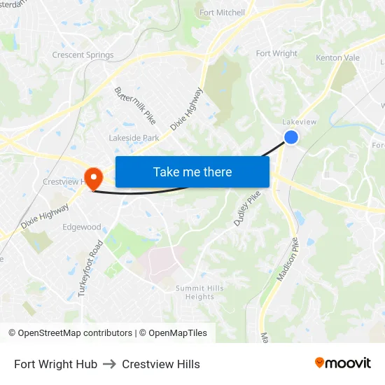 Fort Wright Hub to Crestview Hills map