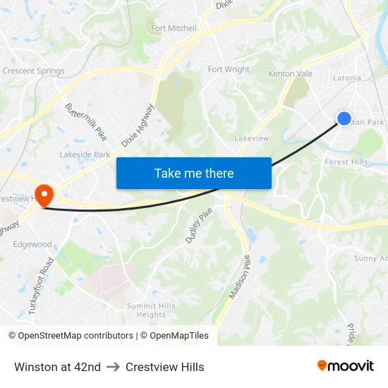 Winston at 42nd to Crestview Hills map