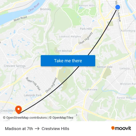 Madison at 7th to Crestview Hills map