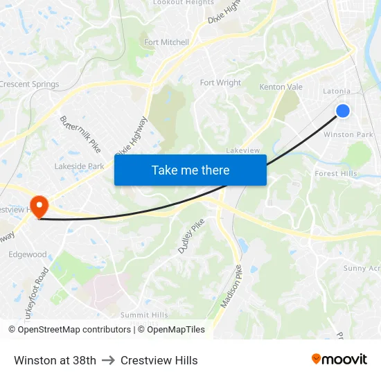 Winston at 38th to Crestview Hills map
