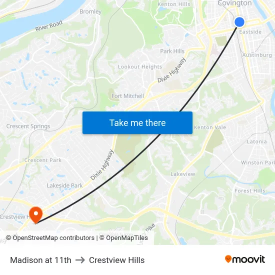 Madison at 11th to Crestview Hills map
