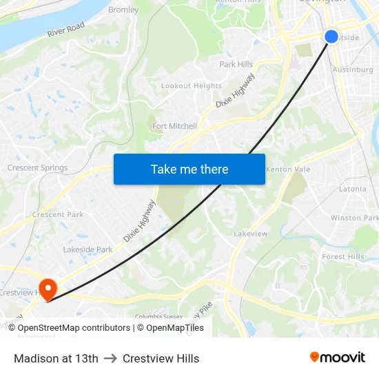 Madison at 13th to Crestview Hills map