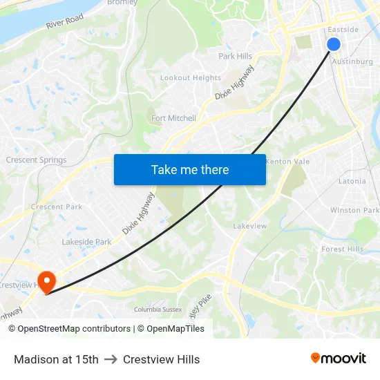 Madison at 15th to Crestview Hills map