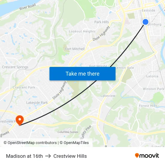 Madison at 16th to Crestview Hills map