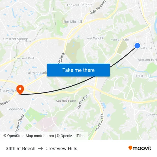 34th at Beech to Crestview Hills map