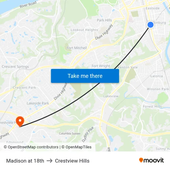 Madison at 18th to Crestview Hills map