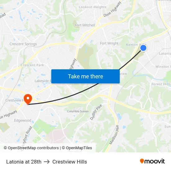 Latonia at 28th to Crestview Hills map