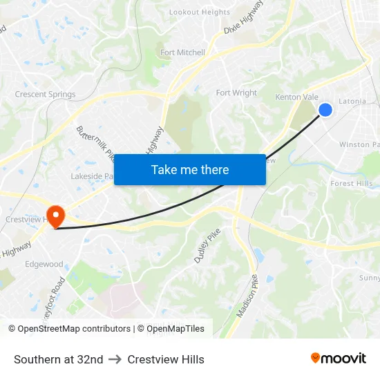 Southern at 32nd to Crestview Hills map