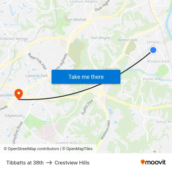 Tibbatts at 38th to Crestview Hills map