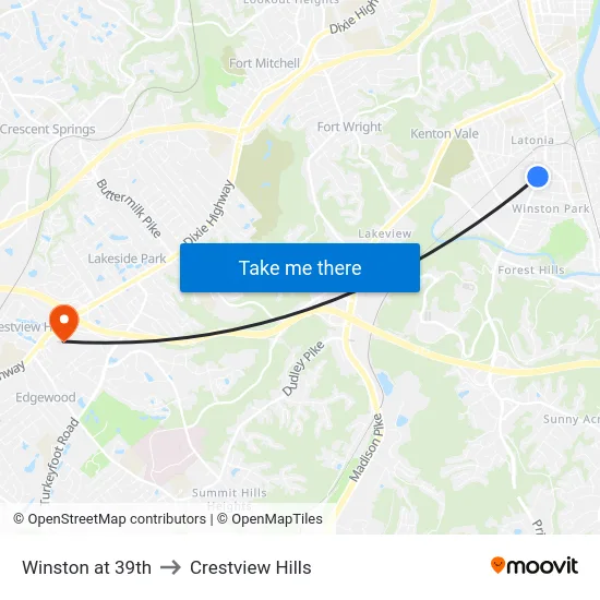 Winston at 39th to Crestview Hills map