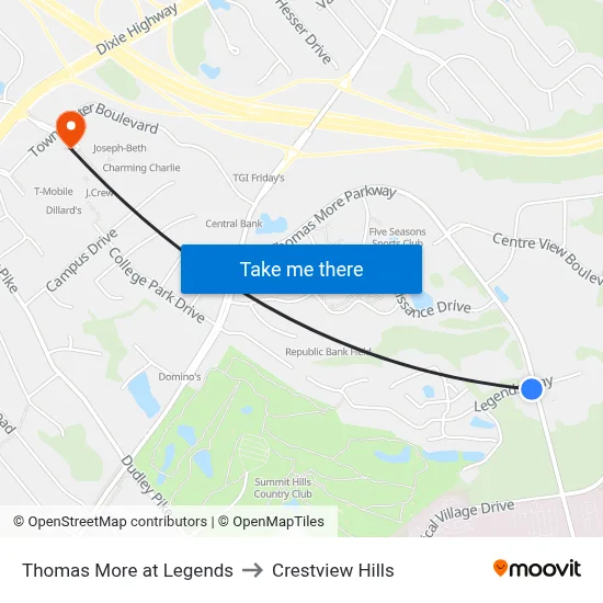 Thomas More at Legends to Crestview Hills map